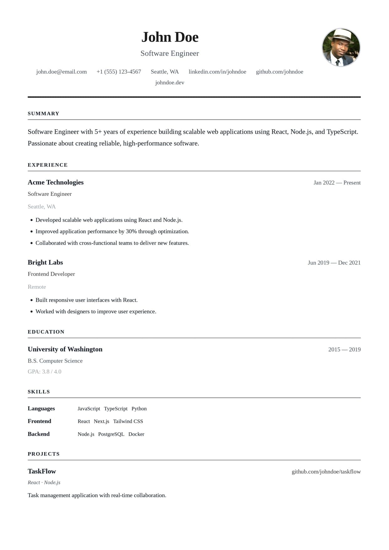 Classic ATS resume template — single-column serif layout with standard section headings