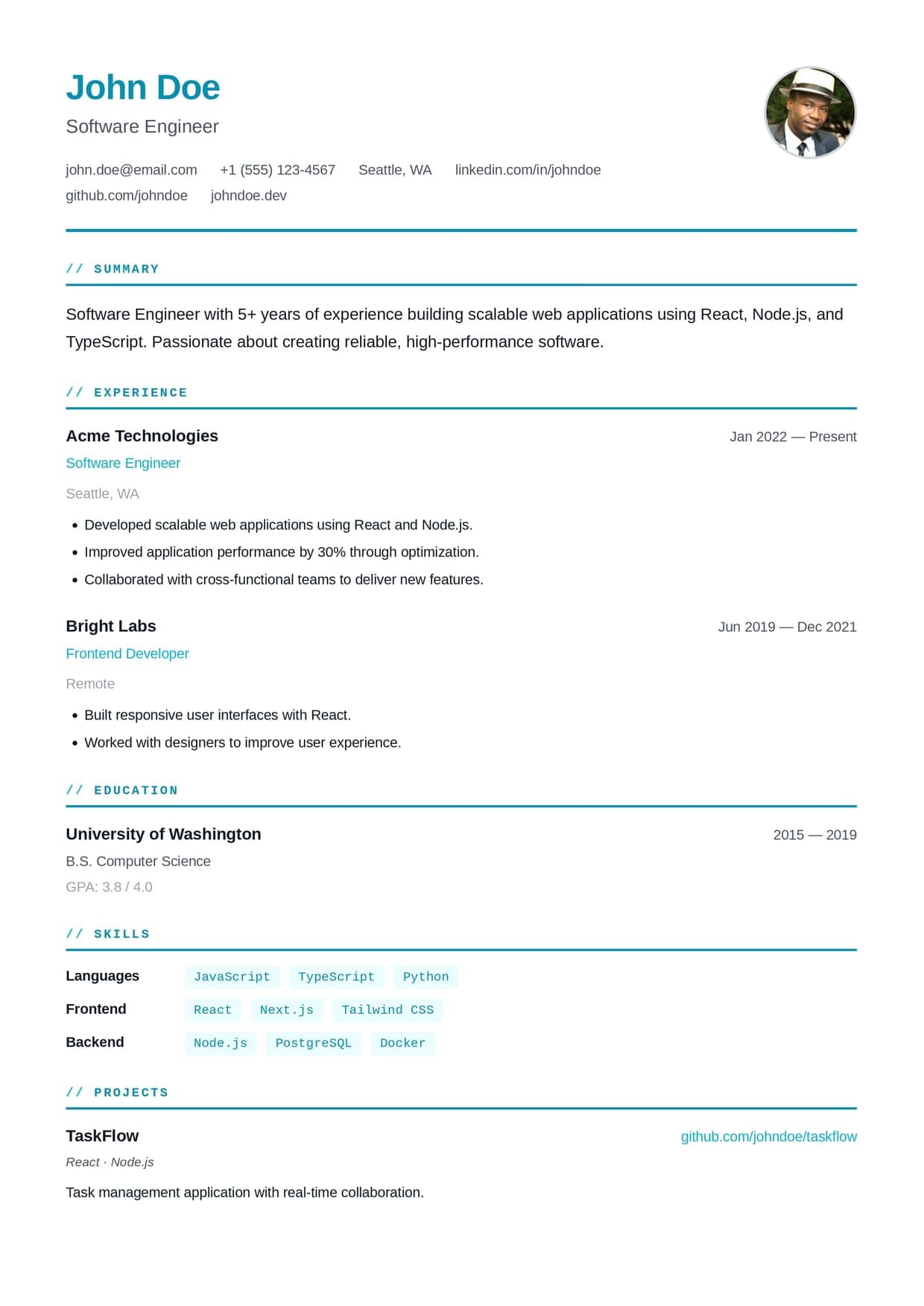 Engineer resume template — skills matrix and projects layout for software engineers