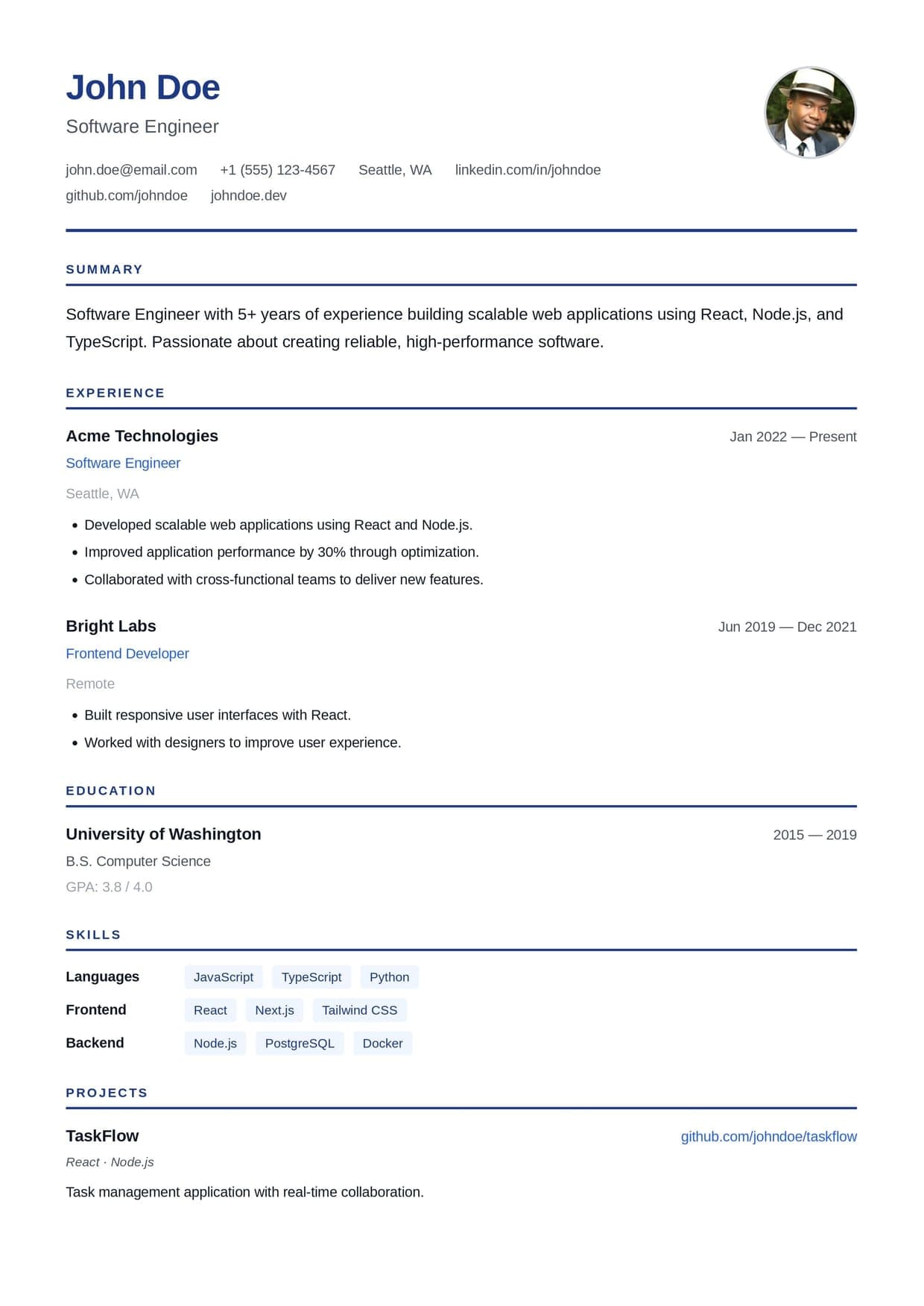 Executive resume template — authoritative navy-accented layout for senior leaders