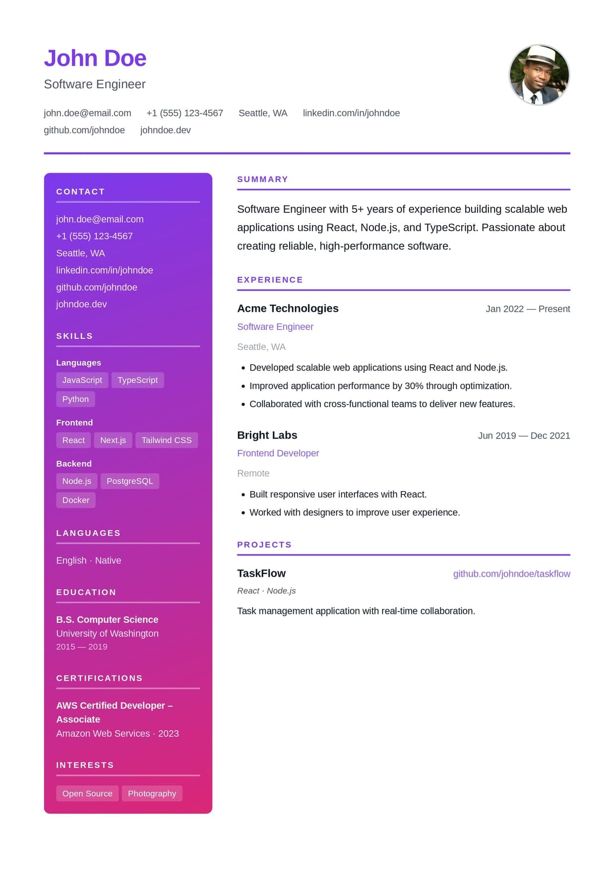 Modern Gradient resume template — gradient sidebar with clean scannable body
