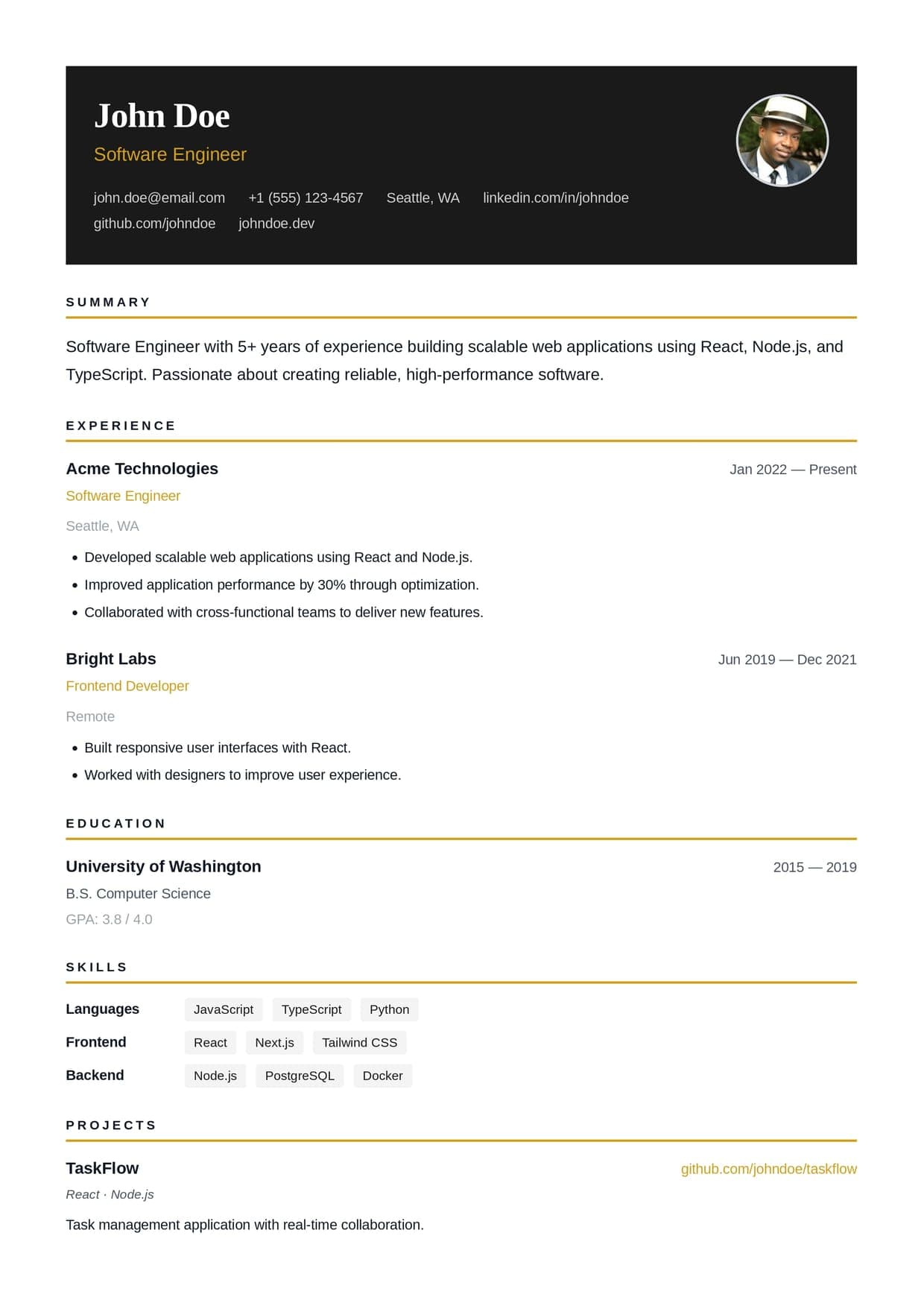 Premium Black resume template — high-contrast black header with elegant typography